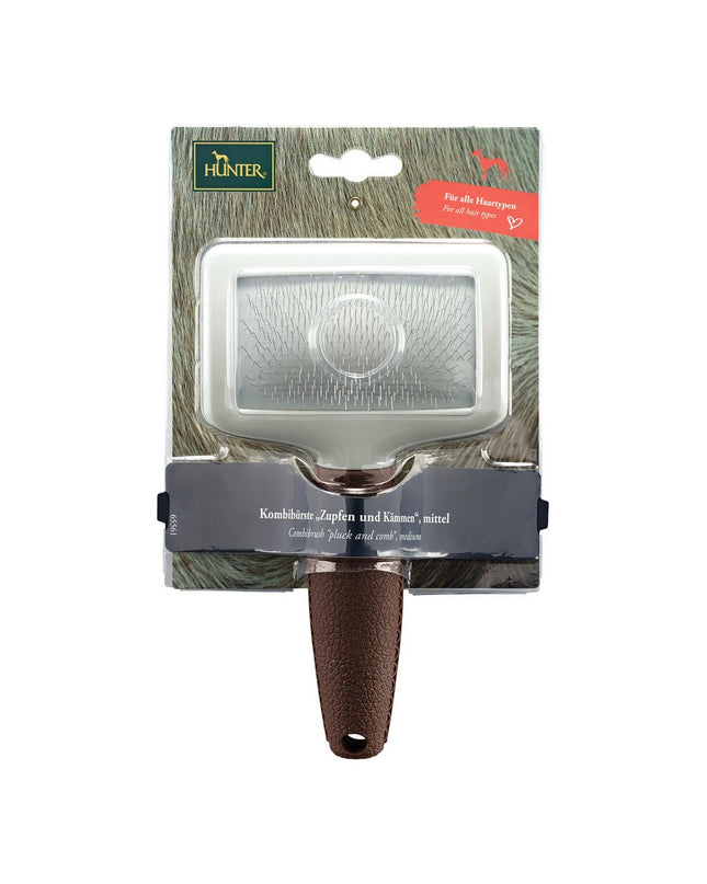 Hunter Dematteerkam 2-in-1 for dogs, showing the dual-sided grooming comb with metal and plastic teeth.