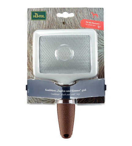 Hunter Rugkammen borstel for dogs, dual-sided pet grooming brush with wooden handle, designed for effective dog coat care.