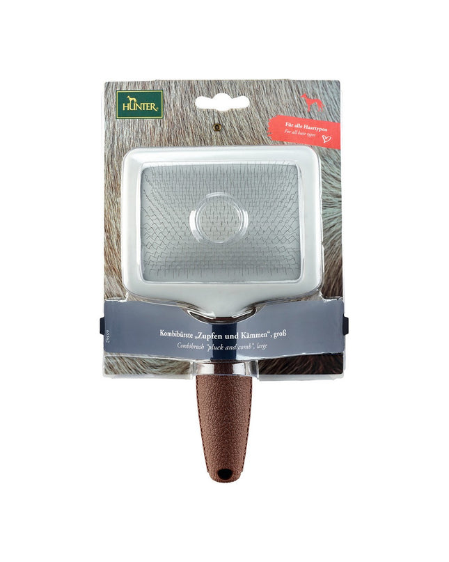 Hunter Rugkammen borstel for dogs, dual-sided pet grooming brush with wooden handle, designed for effective dog coat care.