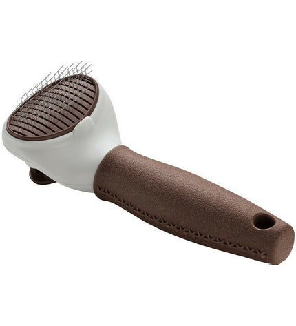 Hunter self-cleaning dog hairbrush with ergonomic handle and bristles for gentle grooming of furry pets.