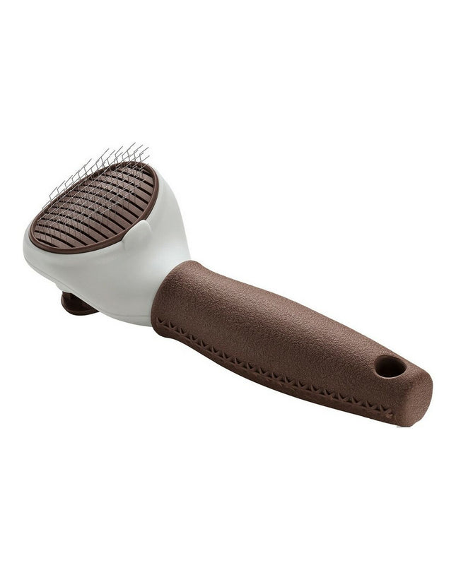 Hunter self-cleaning dog hairbrush with ergonomic handle and bristles for gentle grooming of furry pets.