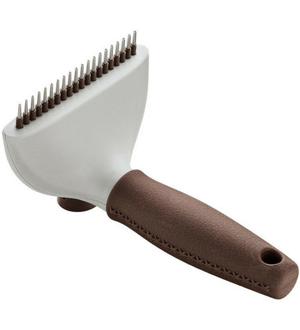 Hunter self-cleaning dog hairbrush with stainless steel bristles, designed for grooming and removing loose hair from dogs.