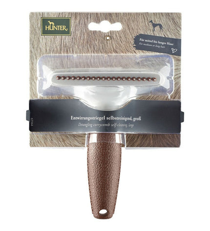 Hunter self-cleaning dog hairbrush with rustproof steel bristles, designed for easy grooming and pet hair removal.