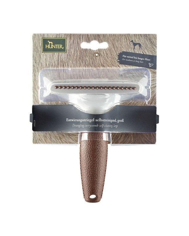 Hunter self-cleaning dog hairbrush with rustproof steel bristles, designed for easy grooming and pet hair removal.
