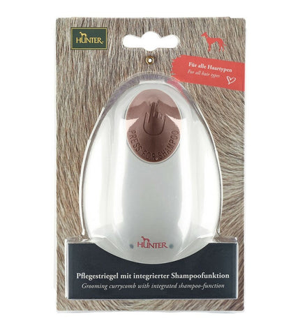 Hunter hondenkam with shampoo bottle, pet grooming tools for dogs, durable plastic handle and cleaning bristles.