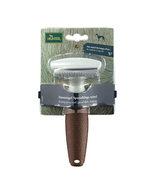 Hunter Dematteerkam for dogs, grooming brush with metal teeth, designed for removing mats and tangles from canine fur.