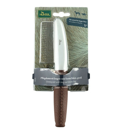 Hunter Bruin plastic dog hair styling tool for grooming, shown in the image with its ergonomic design and brand logo.