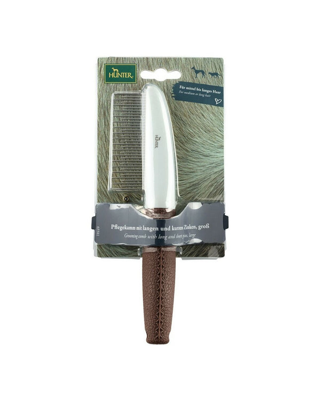 Hunter Bruin plastic dog hair styling tool for grooming, shown in the image with its ergonomic design and brand logo.