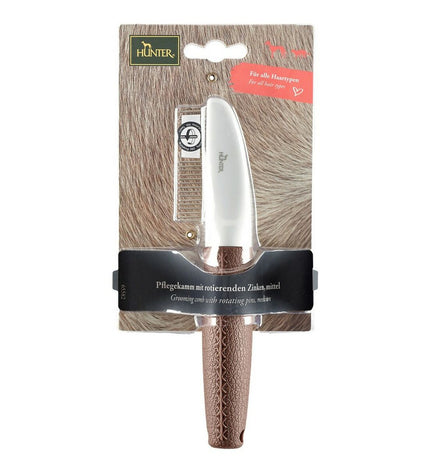 Hunter Bruin Plastic 12 Hark Draaiend dog grooming tool with rotating comb, designed for easy coat care.