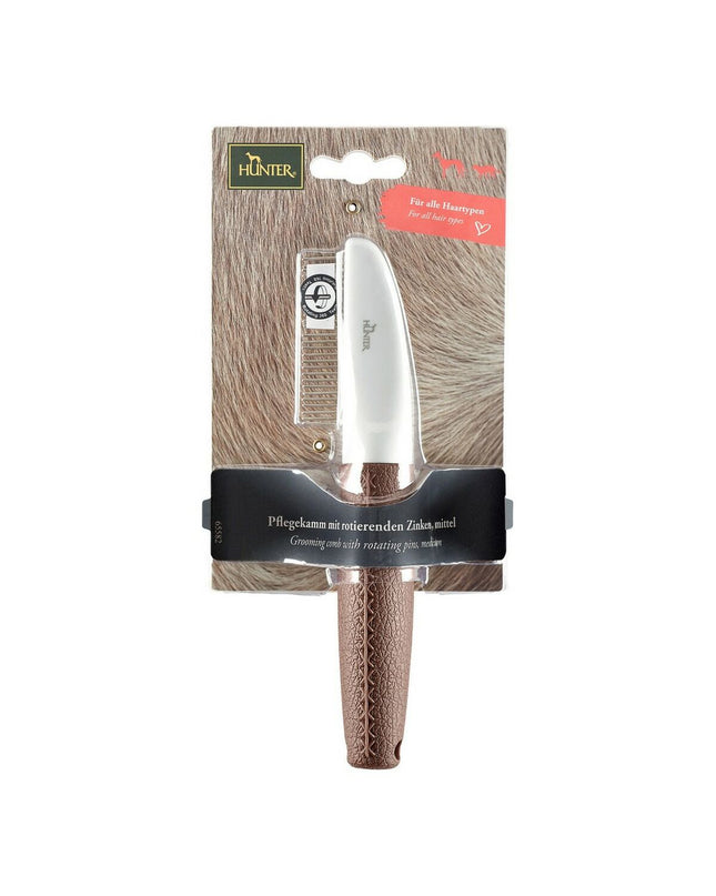 Hunter Bruin Plastic 12 Hark Draaiend dog grooming tool with rotating comb, designed for easy coat care.