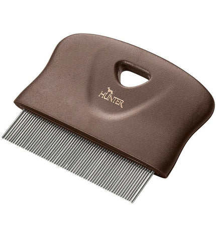 Hunter Dematteerkam for dogs, metal grooming comb with fine and wide teeth for detangling and grooming pet fur.