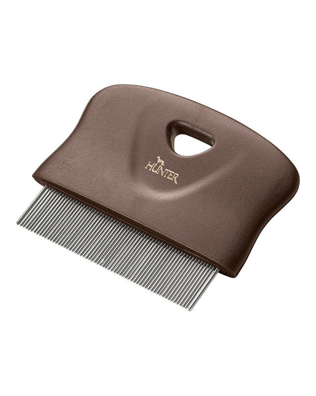 Hunter Dematteerkam for dogs, metal grooming comb with fine and wide teeth for detangling and grooming pet fur.