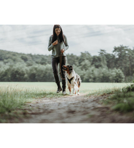 Hunter Bruin 2m adjustable leather dog leash with sturdy construction, shown on a brown leather surface.