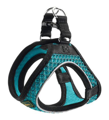 Hunter Hilo Comfort dog harness in turquoise, size M, adjustable for 55-60 cm neck, made for comfortable, secure fit.