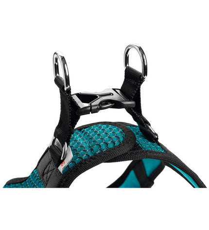 Hunter Hilo Comfort dog harness in turquoise, size M for dogs 55-60 cm, featuring padded straps and adjustable buckles.