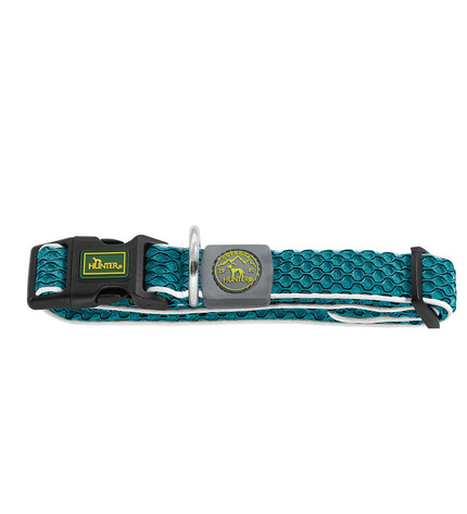 Hunter Vario Basic dog collar in turquoise with adjustable straps, designed for comfort and style for medium-sized dogs.
