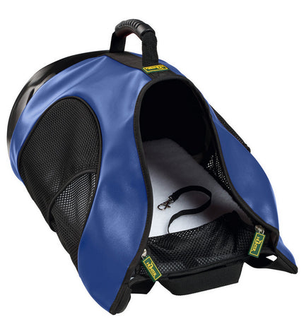 Hunter Taylor blue pet backpack for dogs, featuring adjustable straps and ventilation, suitable for small to medium-sized pets.