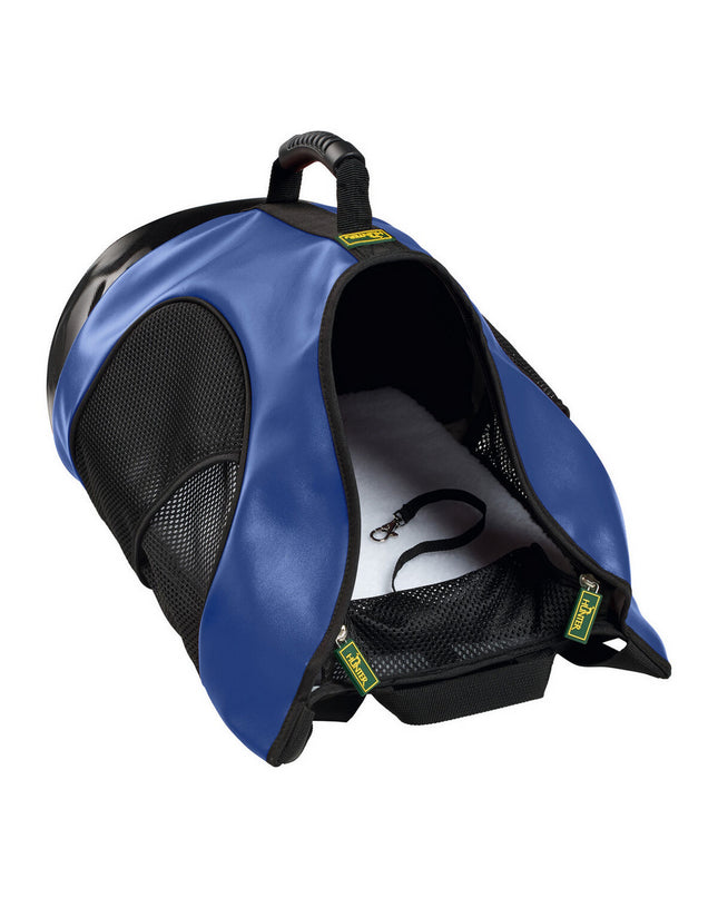 Hunter Taylor blue pet backpack for dogs, featuring adjustable straps and ventilation, suitable for small to medium-sized pets.