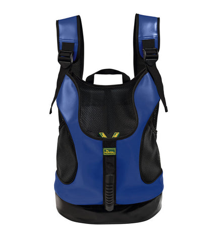Hunter Taylor blue pet backpack for dogs, 35x20x40 cm, with mesh sides and adjustable straps for comfortable carrying.