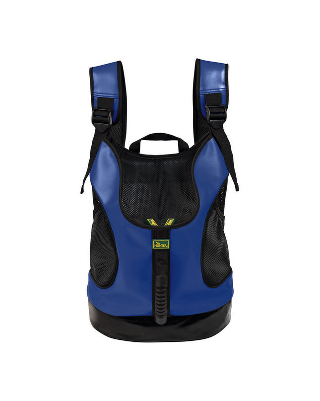Hunter Taylor blue pet backpack for dogs, 35x20x40 cm, with mesh sides and adjustable straps for comfortable carrying.
