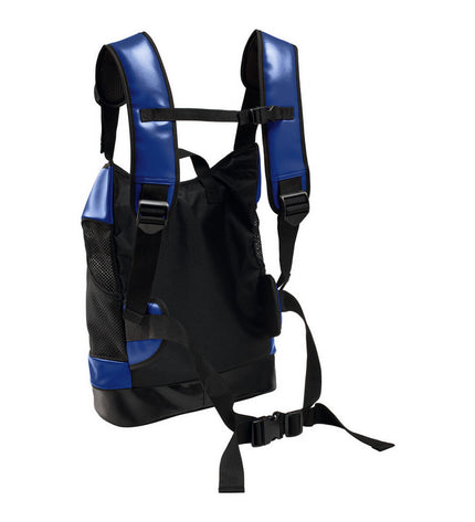 Hunter Taylor blue pet backpack for dogs, showing a spacious blue carrier with mesh sides and adjustable straps.