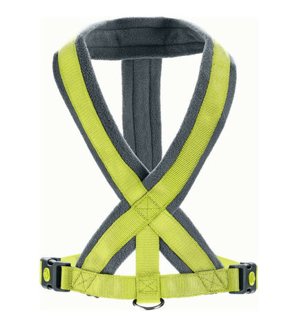 Hunter London Comfort dog harness in lime, adjustable size M for 57-70 cm neck, shown on a dog.