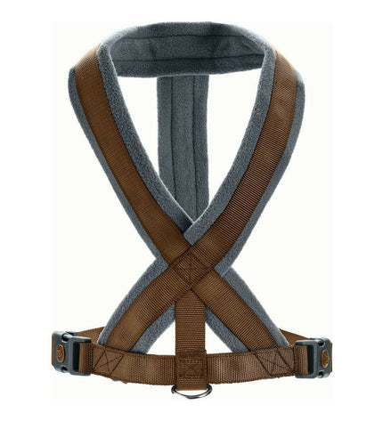 Hunter London Comfort dog harness in brown for medium-sized dogs, adjustable to 52-62 cm, shown on a dog.