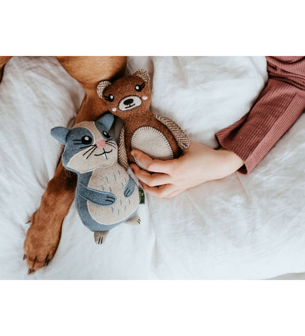 Blue Hunter dog plush toy made from 100% recycled materials, designed for dogs and suitable for hamster play.
