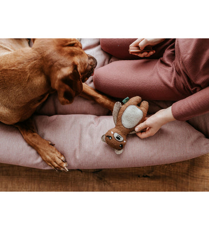 Hunter brown dog plush toy made from 100% recycled beer bottles, soft and durable for playful dogs.