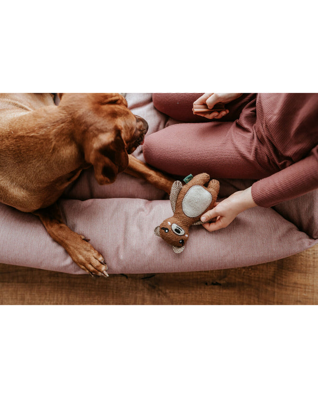 Hunter brown dog plush toy made from 100% recycled beer bottles, soft and durable for playful dogs.