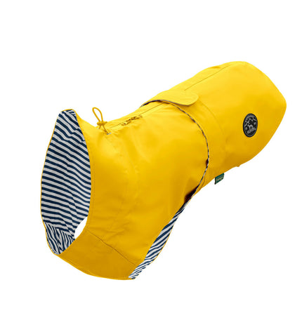 Yellow Hunter Milford dog jacket for 30 cm dogs, showing the waterproof exterior and adjustable straps for comfort.