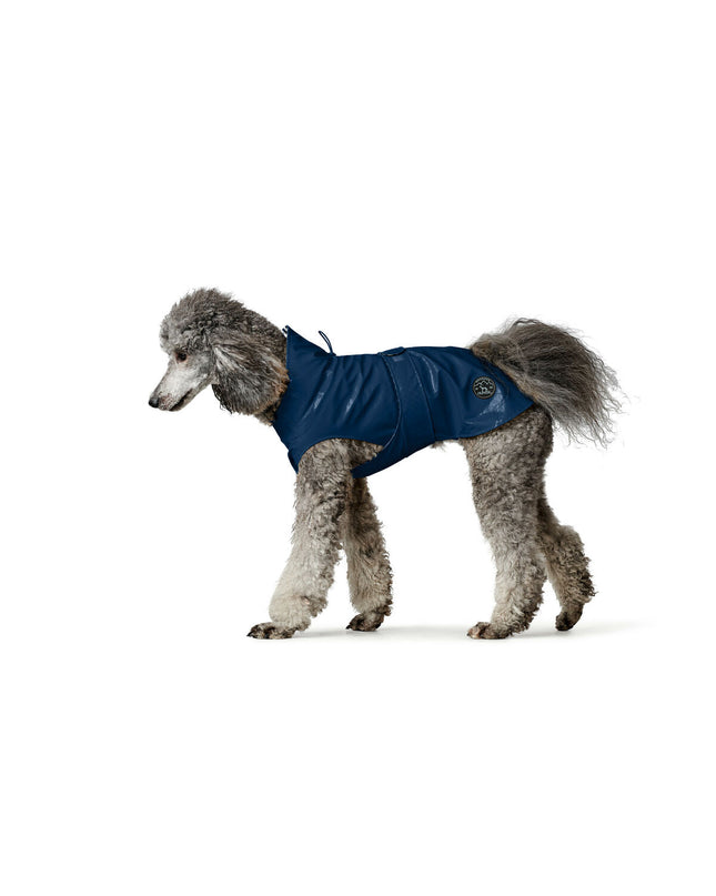 Hunter Milford blue dog jacket for small dogs, 30 cm, showcasing waterproof fabric and adjustable fit.
