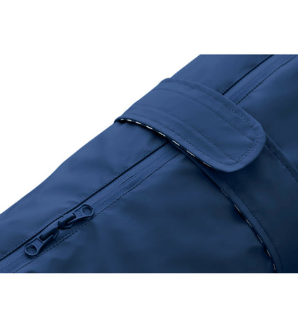 Hunter Milford blue dog coat for small dogs, 45 cm, shown on a dog with blue fabric and adjustable straps.