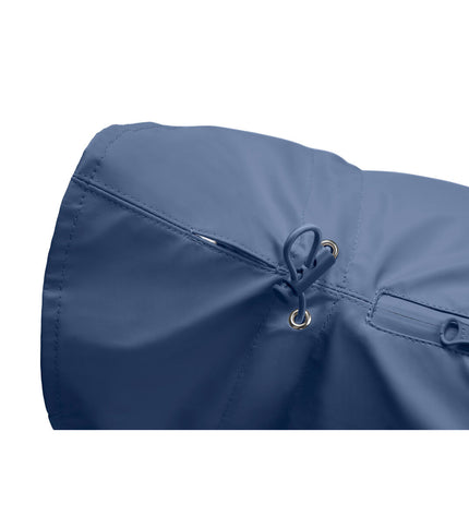 Hunter Milford blue dog jacket for small dogs, 45 cm, showcasing a cozy, waterproof outer layer on a blue background.