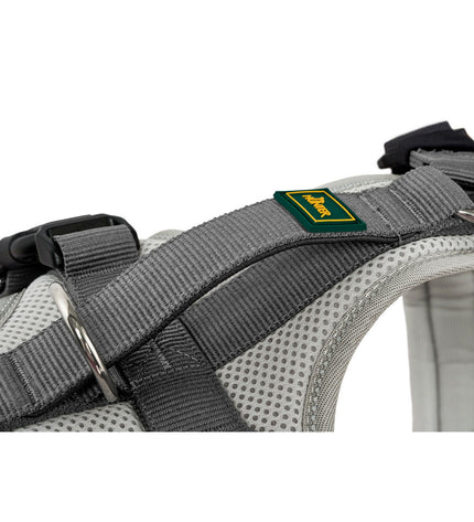 Hunter Maldon Up gray dog harness for large breeds, adjustable from 66 to 118 cm, padded and secure for comfortable walks.