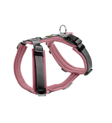 Hunter Maldon Up pink dog harness for medium to large dogs, adjustable 57-98 cm, soft padded with metal D-ring for leash attachment.