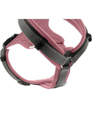 Hunter Maldon Up roze hondentuigje, verstelbaar, voor honden, toont het zachte roze nylon materiaal en stevige gespen.