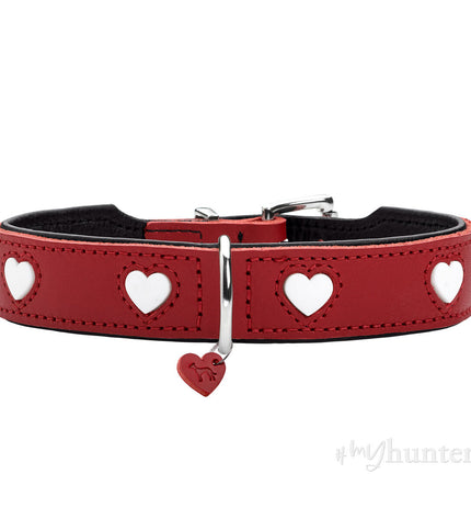 Hunter Love red dog collar for medium/large dogs, size 47-54 cm, shown on a dog with a close-up of the collar's design.