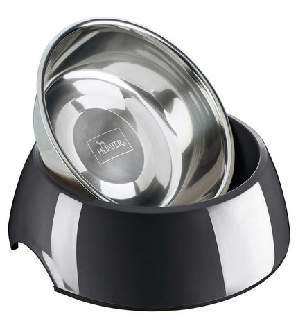 Hunter melamine dog food bowl in black, stainless steel, 160 ml capacity, with a 14.5 x 14.5 x 7 cm size for pets.