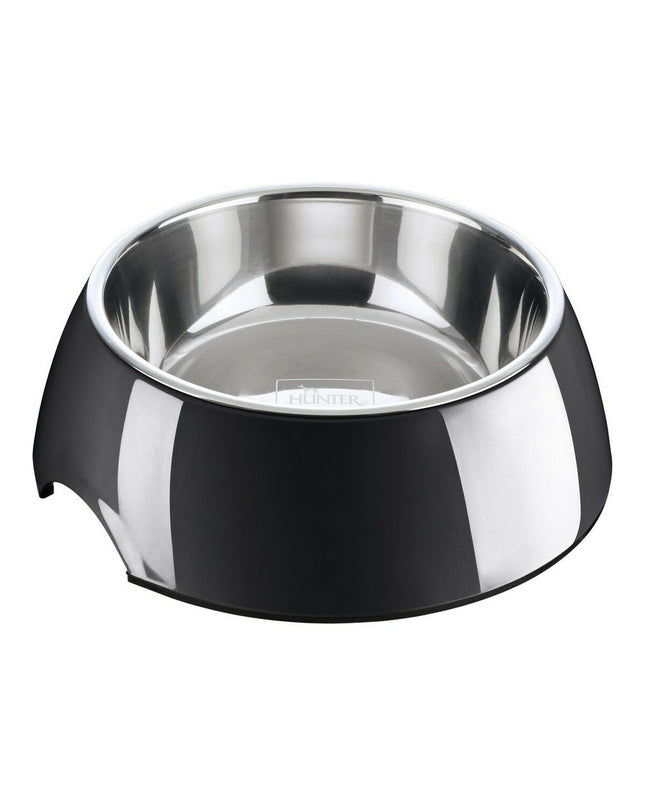 Hunter melamine dog feeding bowl in black, 700 ml capacity, stainless steel interior, rectangular shape with dimensions 22x22x11.5 cm
