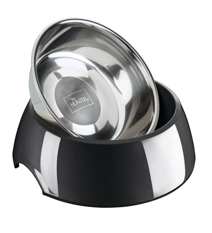 Hunter black stainless steel dog bowl with 1.4L capacity, designed for feeding dogs, shown in the product image.