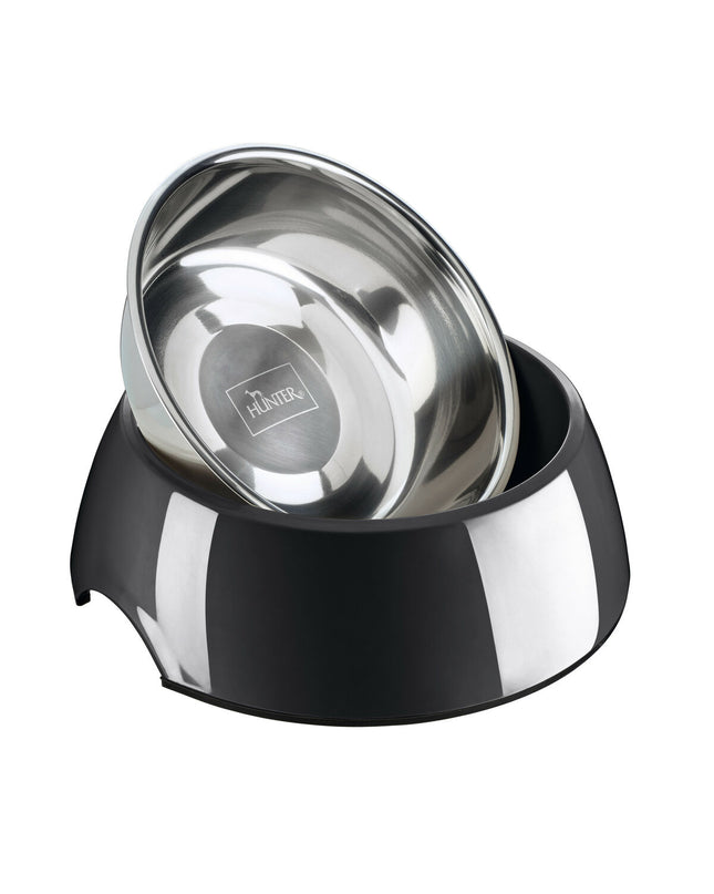 Hunter black stainless steel dog bowl with 1.4L capacity, designed for feeding dogs, shown in the product image.