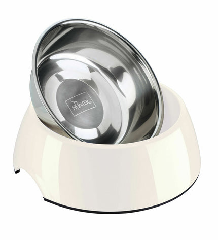 Hunter black 1.4L melamine dog food bowl with raised edges, designed for feeding dogs, durable and easy to clean.