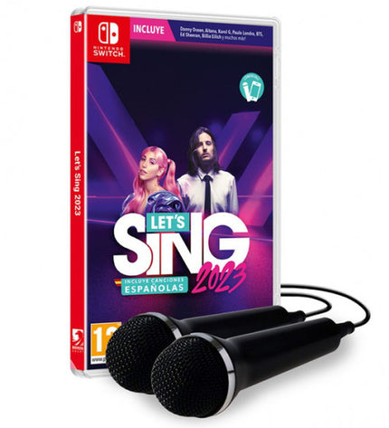Nintendo Switch videogame Let’s Sing 2023, plug-and-play electronic console game featuring colorful game cover and gaming controls.
