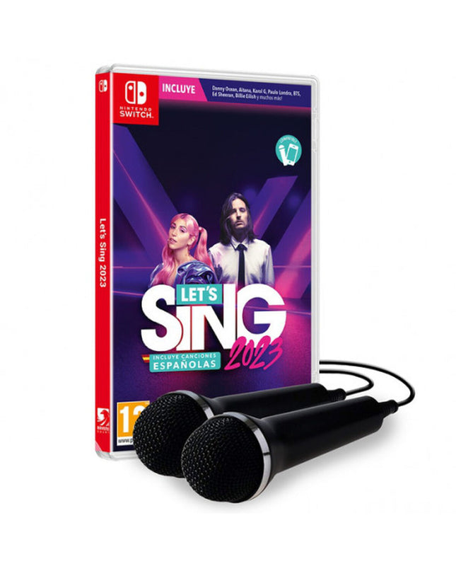 Nintendo Switch videogame Let’s Sing 2023, plug-and-play electronic console game featuring colorful game cover and gaming controls.