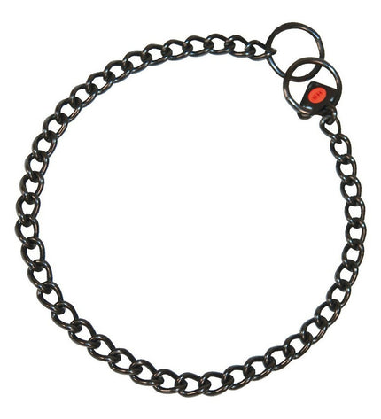 Black Hs Sprenger dog collar in 2.5 mm chain with short length, designed for pets, shown on a dog neck.