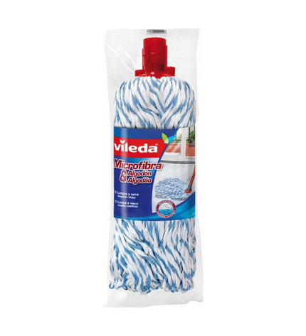 Vileda white cotton mop for household cleaning, showing the absorbent mop head and handle for effective dirt removal.