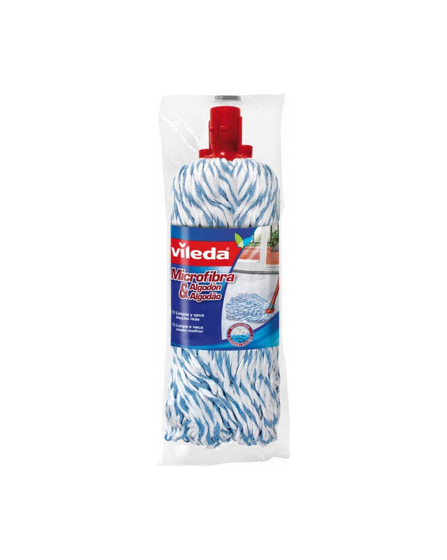 Vileda white cotton mop for household cleaning, showing the absorbent mop head and handle for effective dirt removal.