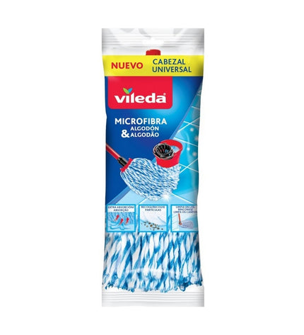 Vileda white cotton mop for household cleaning, showing the soft cotton strands and sturdy handle for effective dirt removal