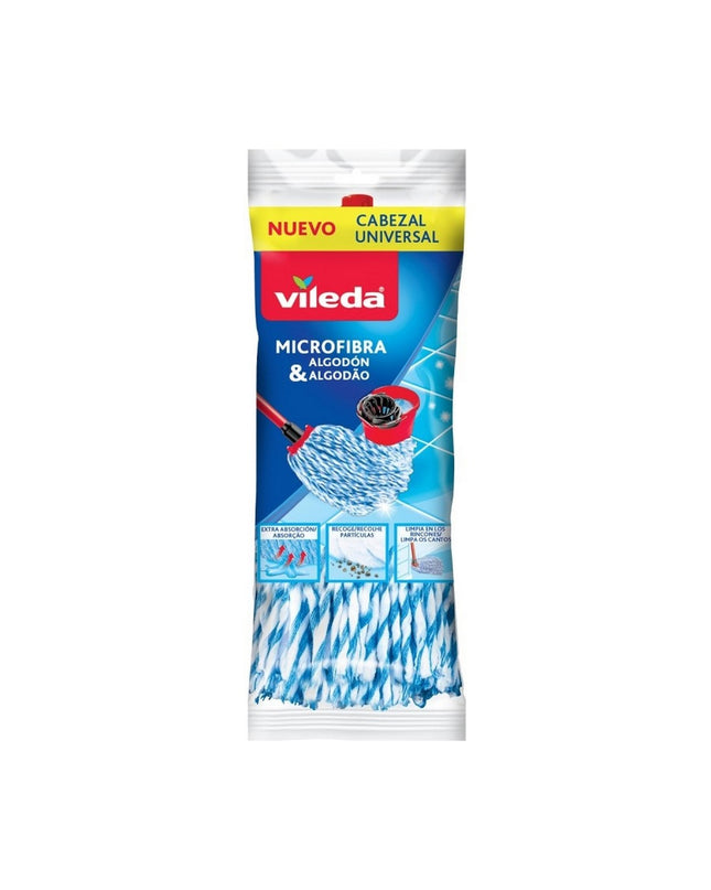 Vileda white cotton mop for household cleaning, showing the soft cotton strands and sturdy handle for effective dirt removal